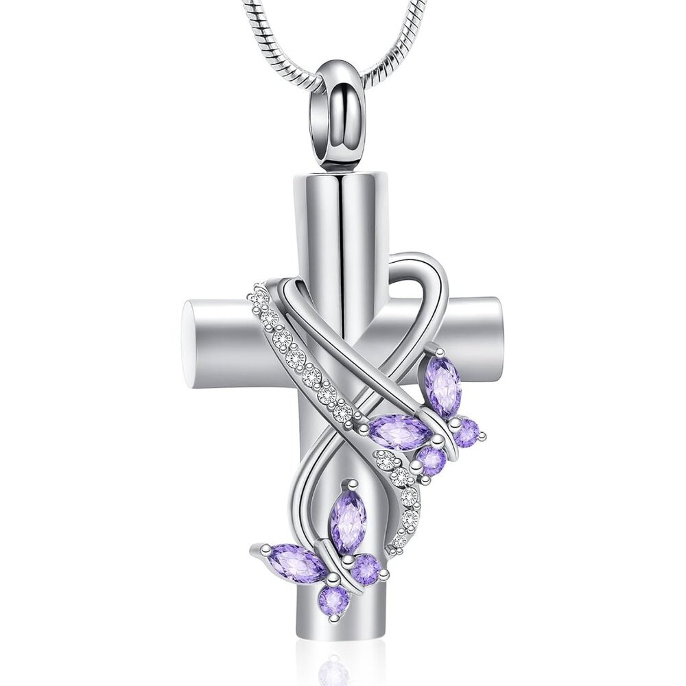 Butterfly Cross Urn Necklace for Ashes Men Women Cremation Jewelry Ashes Pendant